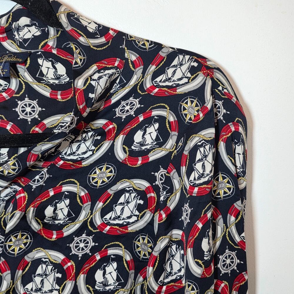 Brooks Brothers Silk Button Up Blouse Sz 2 XS Navy Nautical Print Old Money - Picture 5 of 10